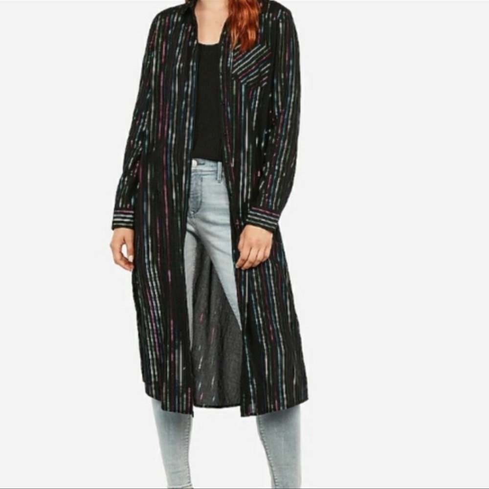 Express Button-Down Midi Shirt Dress With Metallic Stripes